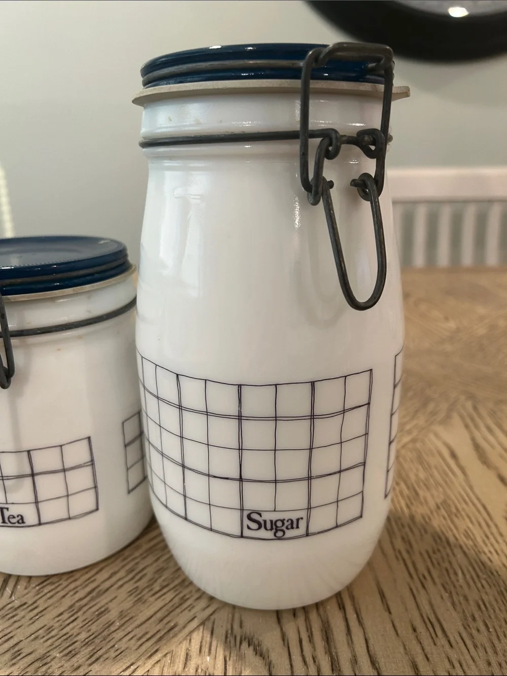 Vintage Wheaton Milk glass Tea & Sugar Canister Set in White with Blue Lids